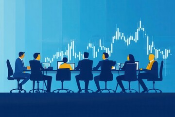 Business meeting with analysts analyzing data trends on screens, discussing strategies for financial growth and market analysis.