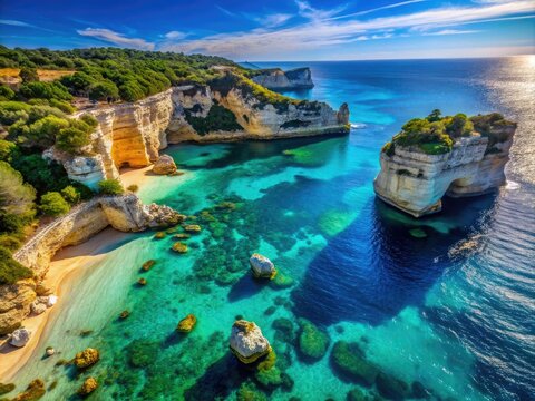Navarone Beach offers serene, crystal-clear waters framed by striking rocky cliffs, while a brilliant blue sky overhead enhances the picturesque coastal view.