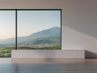 Contemporary interior with large windows showcasing a mountain view during daylight