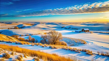 North Dakotaâ€™s winter beauty features tranquil blue skies stretching over pristine, snow-laden fields, presenting a serene and picturesque landscape ideal for peaceful contemplation.