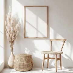 A bright, sunlit space featuring a wooden chair, textured pouf, and large pampas grass vase in muted tones.