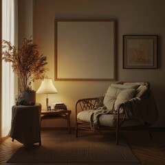 A sophisticated lounge with soft ambient light, a classic armchair, a blank picture frame, and natural decor elements exuding elegance and warmth.
