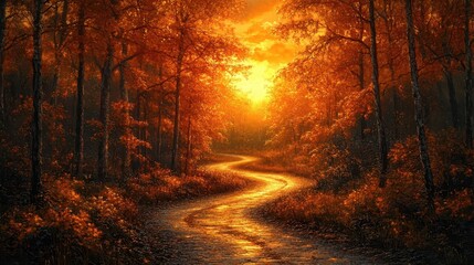 autumn sunset illuminating a winding path through vibrant woods where warm orange and gold hues highlight the beauty of the season creating a magical atmosphere