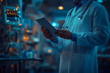 A doctor in a white coat with a tablet in his hands on a blurred background of a hospital room. High technology. Medical equipment. Business concepts.