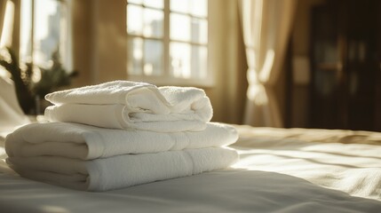 Obraz premium Folded white towels placed on the bed in a sunlit bedroom with warm, neutral tones, evoking a sense of luxury and comfort.