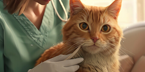 A close-up of a veterinary assistant caring for a fluffy orange tabby cat, brushing its fur while it looks out calmly.
