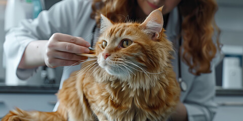 A close-up of a veterinary assistant caring for a fluffy orange tabby cat, brushing its fur while it looks out calmly.