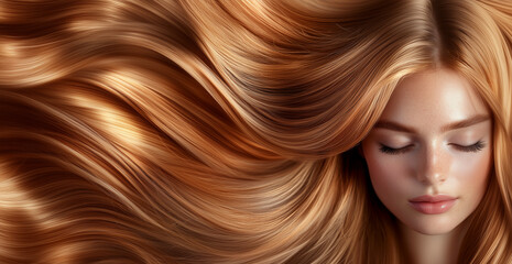 Obraz premium Brown gold hair model woman posing for haircare products, highlighting soft, shiny caramel brunette hair dye. ideal for beauty,haircare products or hair treatment