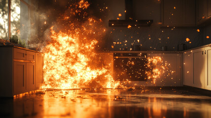 Emergency response needed to prevent destruction from kitchen fire damaging cabinets, counters, and appliances while spreading smoke and heat