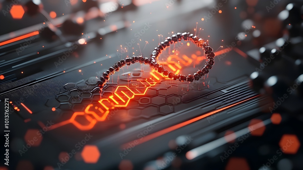 Poster innovative 3d rendering depicting the convergence of blockchain technology dna sequencing and bioinf