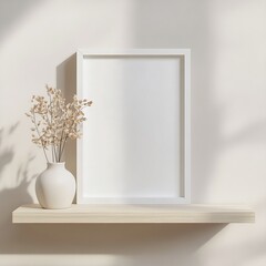Serene and simplistic interior styling showcasing a floating shelf with a delicate vase and an awaiting empty frame under natural light.