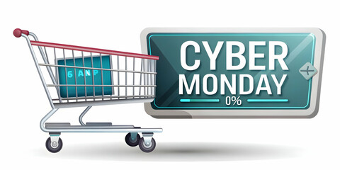 Flat Floating Shopping Cart with Glowing Percentage Tag - Cyber Monday Sales Concept Illustration in Sleek, Modern Style