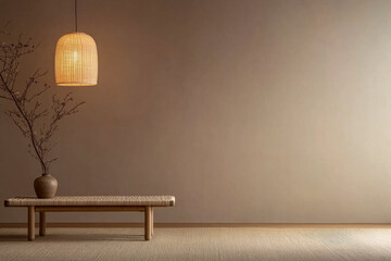 Minimalist interior with a woven lamp, muted wall, and simple wooden bench during daylight