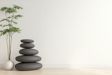 A tranquil indoor setting featuring a stacked stone arrangement and a potted plant in soft lighting