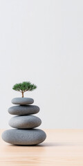 A serene arrangement of stacked stones with a tiny tree atop for a calming indoor decor
