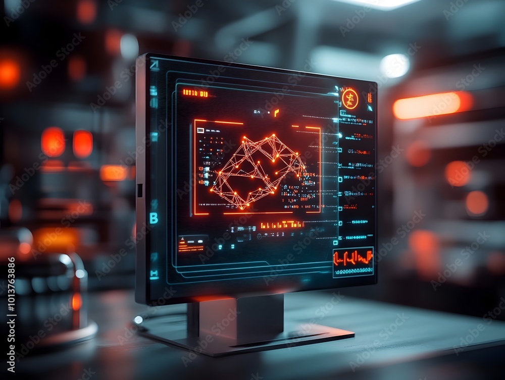 Poster convergence of blockchain and dna data storage system depicted as a glowing holographic display of i