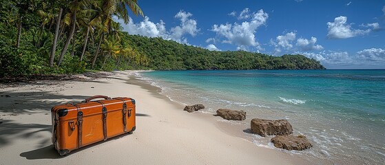 A vintage suitcase sits on a pristine white sand beach with turquoise water lapping at the shore, palm trees and lush green foliage in the background.