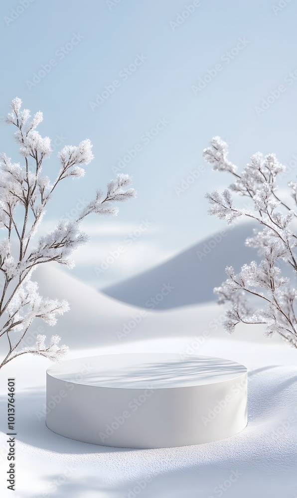 Aufkleber 1. a serene scene featuring an empty podium on a pristine winter snow background, creating a minimal