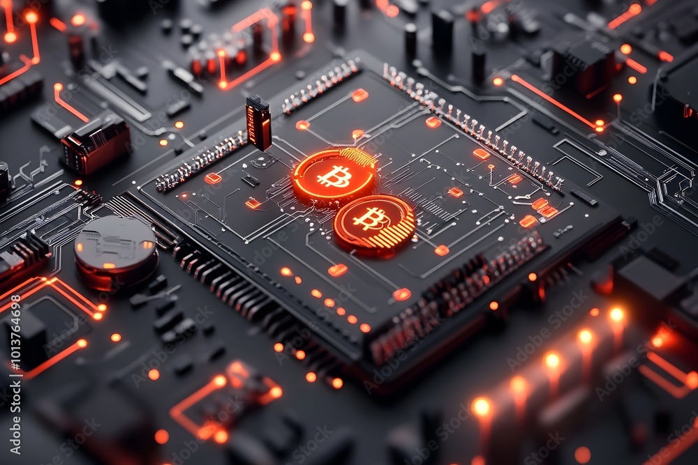 Poster 3d render of a futuristic cityscape showcasing the convergence of blockchain technology dna data sto