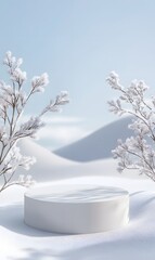 1. A serene scene featuring an empty podium on a pristine winter snow background, creating a minimalist mock-up placement for showcasing cosmetic products in a fashion advertisement
