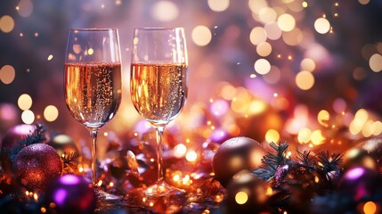 Christmas Ornaments on Tree Branch with Festive Lights in the Background