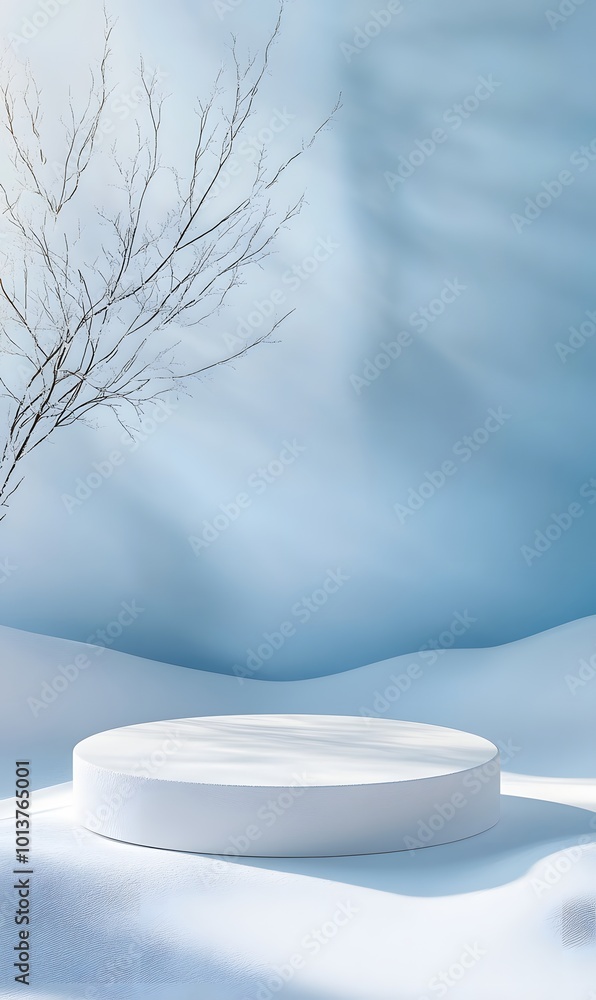 Poster 1. a serene scene featuring an empty podium on a pristine winter snow background, creating a minimal