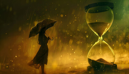 surreal woman with umbrella inside an hourglass protecting herself from the sand, concept of time