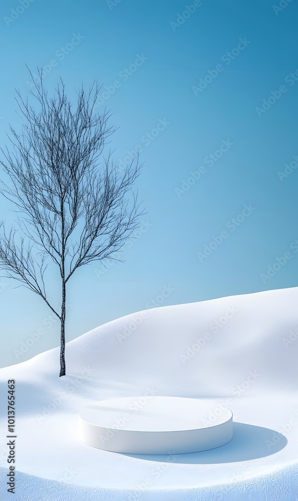 Poster 1. a serene scene featuring an empty podium on a pristine winter snow background, creating a minimal