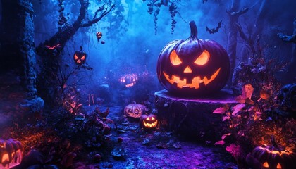 Obraz premium Halloween Party with Dark Illuminated Jack-O'-Lanterns and Glowing Lights in a Spooky Forest