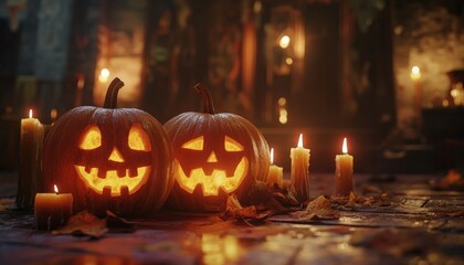 Fototapeta premium Halloween Pumpkins with Carved Faces and Lit Candles in a Dark Spooky Scene