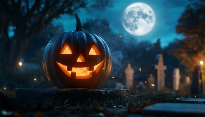 Jack-O'-Lantern in the Cemetery with Full Moon and Spooky Night Atmosphere