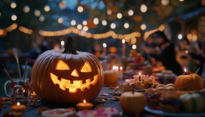 Spooky Yet Fun Halloween Party with Glowing Jack-O'-Lanterns and Festive Lights