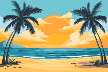 Obraz premium Tropical Beach Sunset with Palm Trees and Ocean Waves design