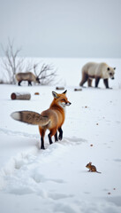 Naklejka premium A fox is standing in the snow next to a chipmunk and a bear. The fox is looking at the camera