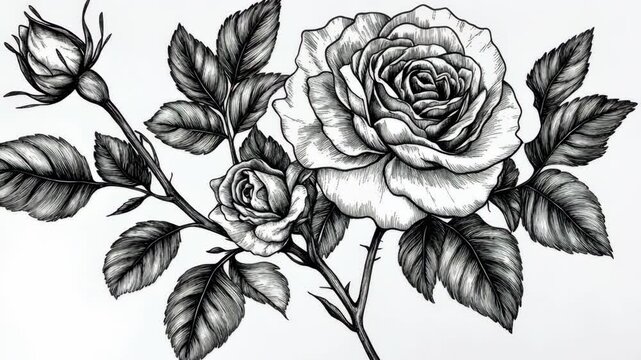 A detailed black and white drawing of a rose with leaves and thorns