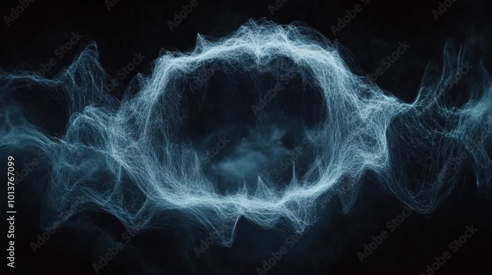 Poster circular particle effect encircles a harmonic sound wave, creating a dynamic representation of energ