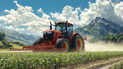 Obraz premium Tractors in Spring Field Spraying Pesticides