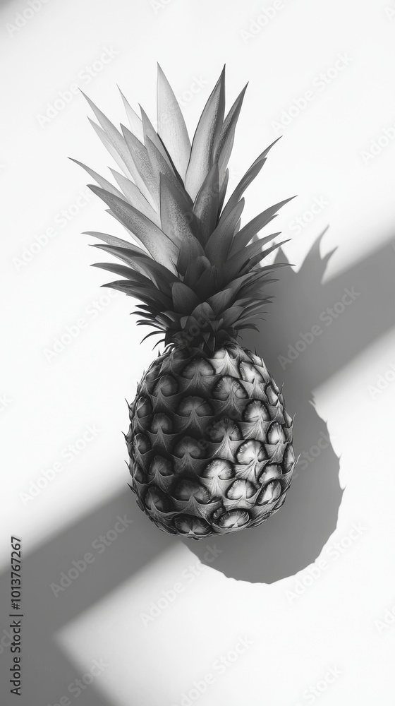 Poster pineapple in black and white with sharp shadow on white background, minimalist art concept