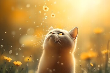 Radiant and wonder filled British Shorthair cat with an expressive and vibrant persona captured in a highly digital painting of a sunlit meadow scene