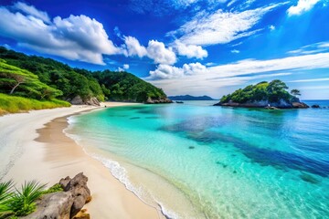 Obraz premium Shirahama Beach, Japan, features pristine white sand, sparkling blue waters, and stunning coastal views, making it a perfect destination for a tranquil escape and recreation.