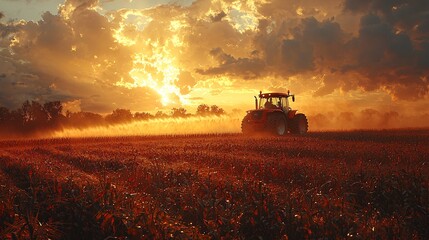 Golden Sunset Over Cornfield with Tractor
