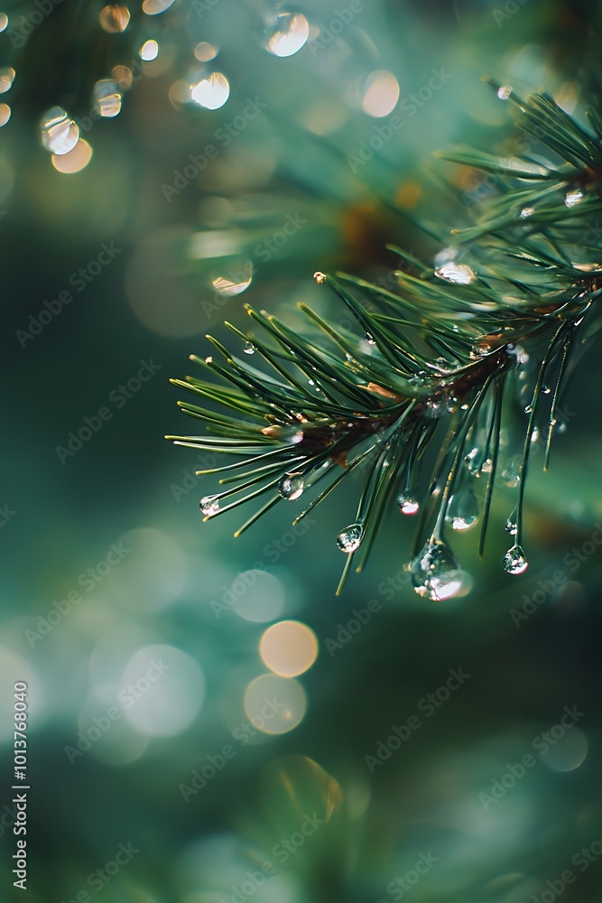 Poster close up of pine needles with dew drops and bokeh background