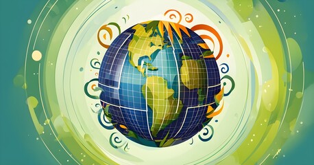 Obraz premium Illustration of a globe composed of triangular solar panels and swirling wind patterns, symbolizing global renewable energy