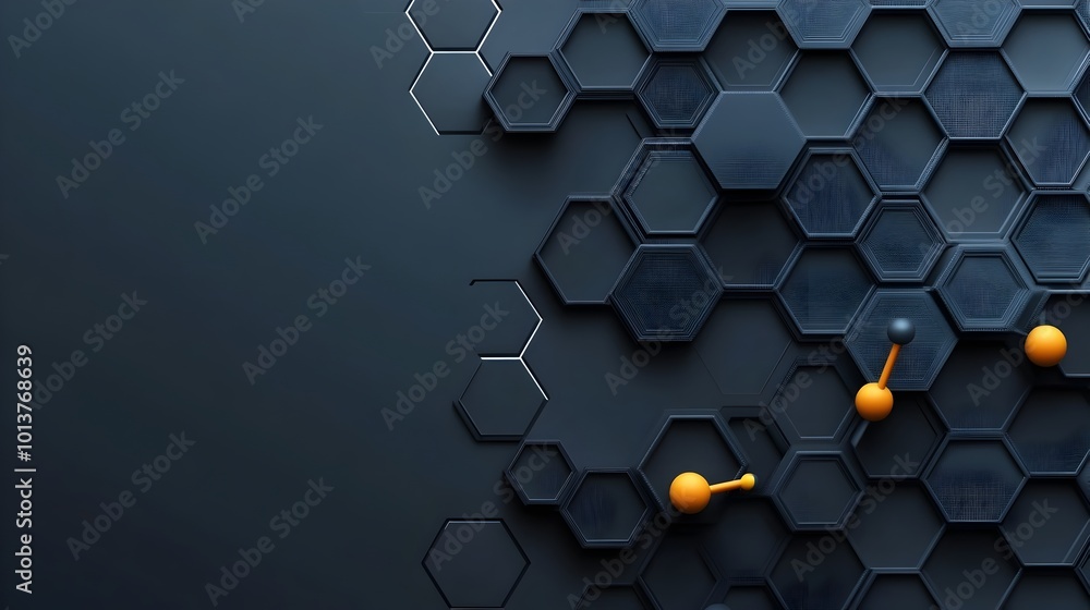 Poster hexagonal graphene grid composed of interconnected carbon atom bonds shown in a flat minimalist desi