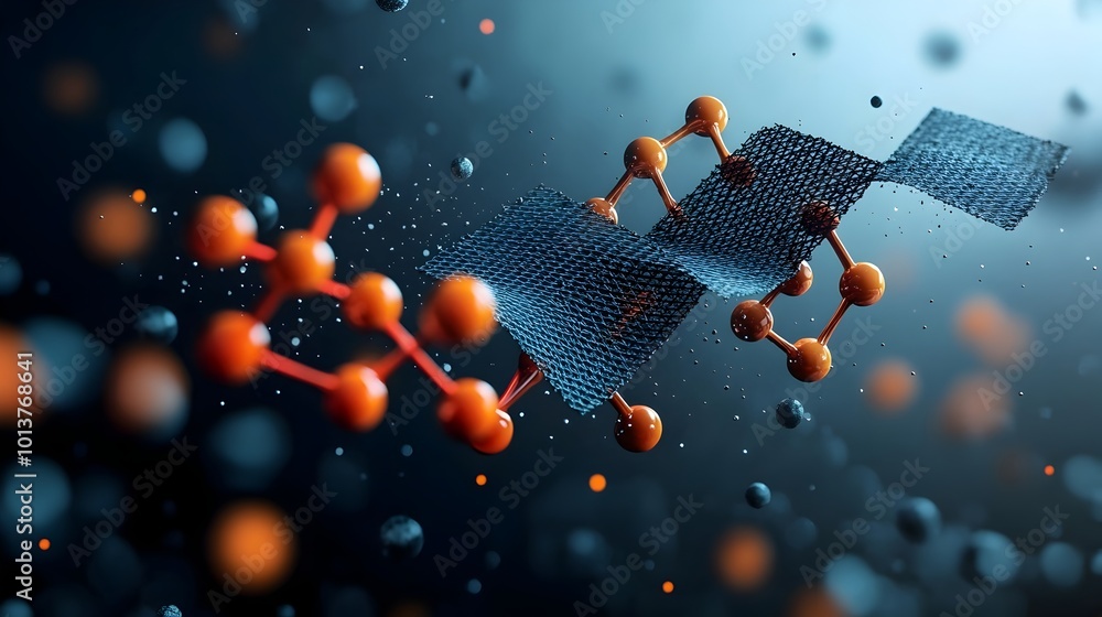 Poster 3d rendered of a graphene sheet formed by carbon atoms at the molecular level showcasing the flat he