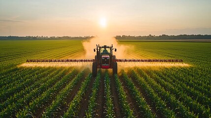 Fototapeta premium Tractor Spraying Pesticides in Sunset Agriculture Scene