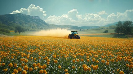 Tractor Spraying Pesticides in Sunny Field