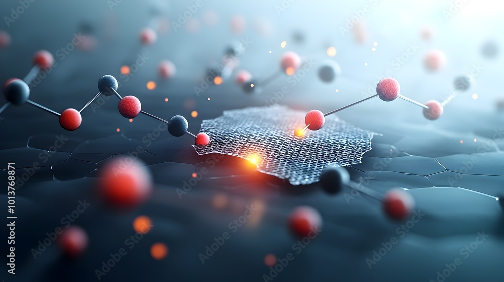 Poster 3d rendered of carbon atoms forming a graphene sheet structure at the molecular level with a flat mi