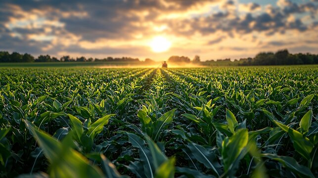 Tractor Spraying Pesticides Over Agricultural Field