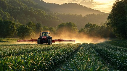 Fototapeta premium Tractor Spraying Pesticides on Green Cornfield